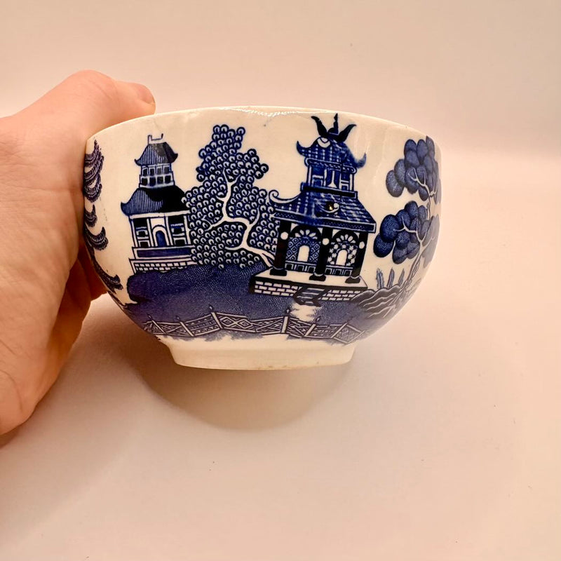 Ceramic bowl with blue architectural design held by a hand against a plain background