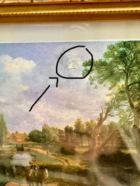 Landscape painting with a person in a boat, framed by a gold border.