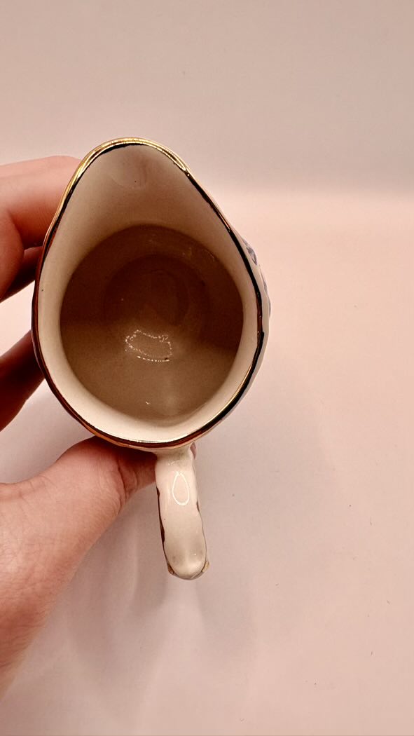Person holding a small pitcher with a beige interior against a plain background