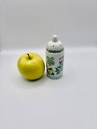 Yellow apple next to a decorative ceramic container on a white background