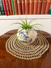Vase with a plant on a doily on a wooden surface with books in the background