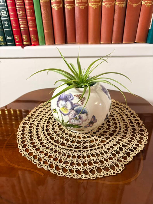 Vase with a plant on a doily on a wooden surface with books in the background