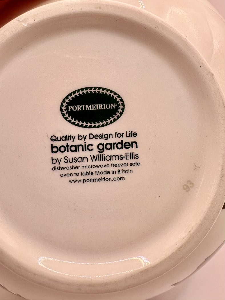 Back of a ceramic plate with Portmeirion branding and product information.