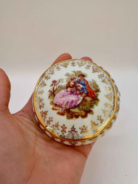 Porcelain Round Trinket Box with Lidded Gold Pattern | Limoges France