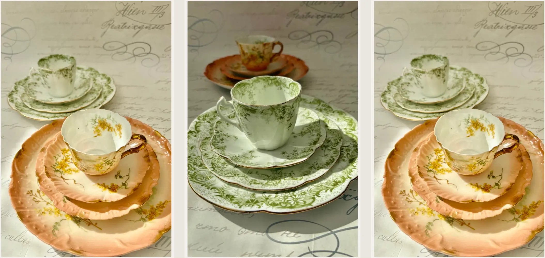 Set of tea cups and saucers on a decorative tablecloth with floral patterns.