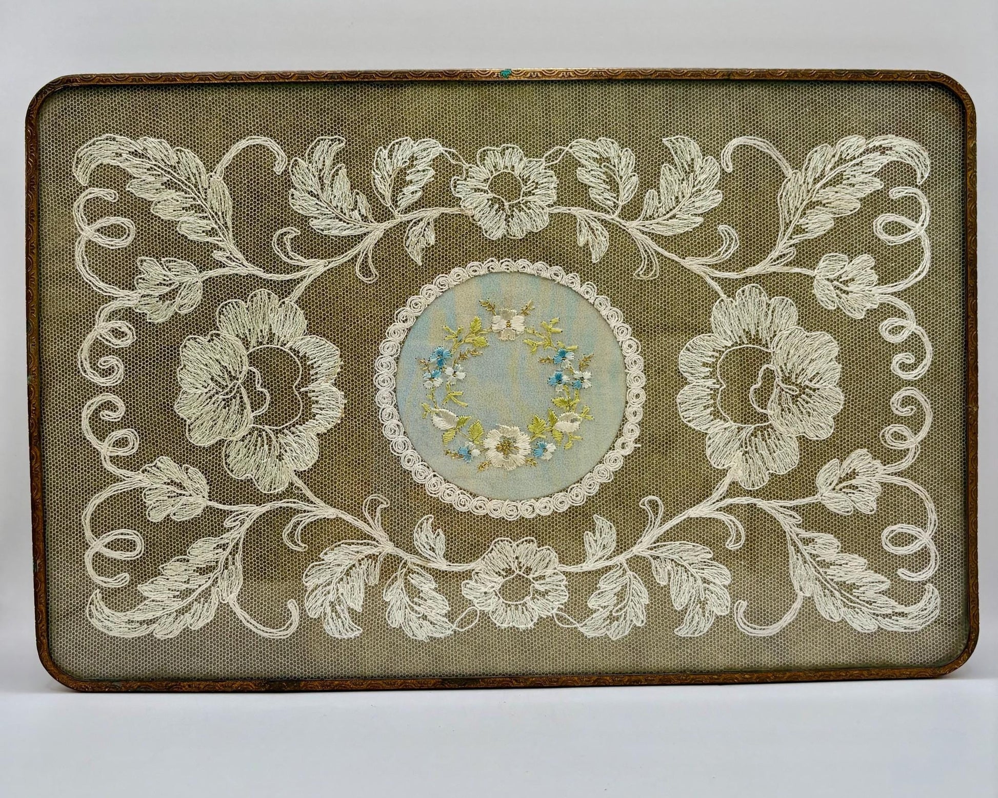 Vintage Brass And Glass Dressing Table Embroidered Tray1