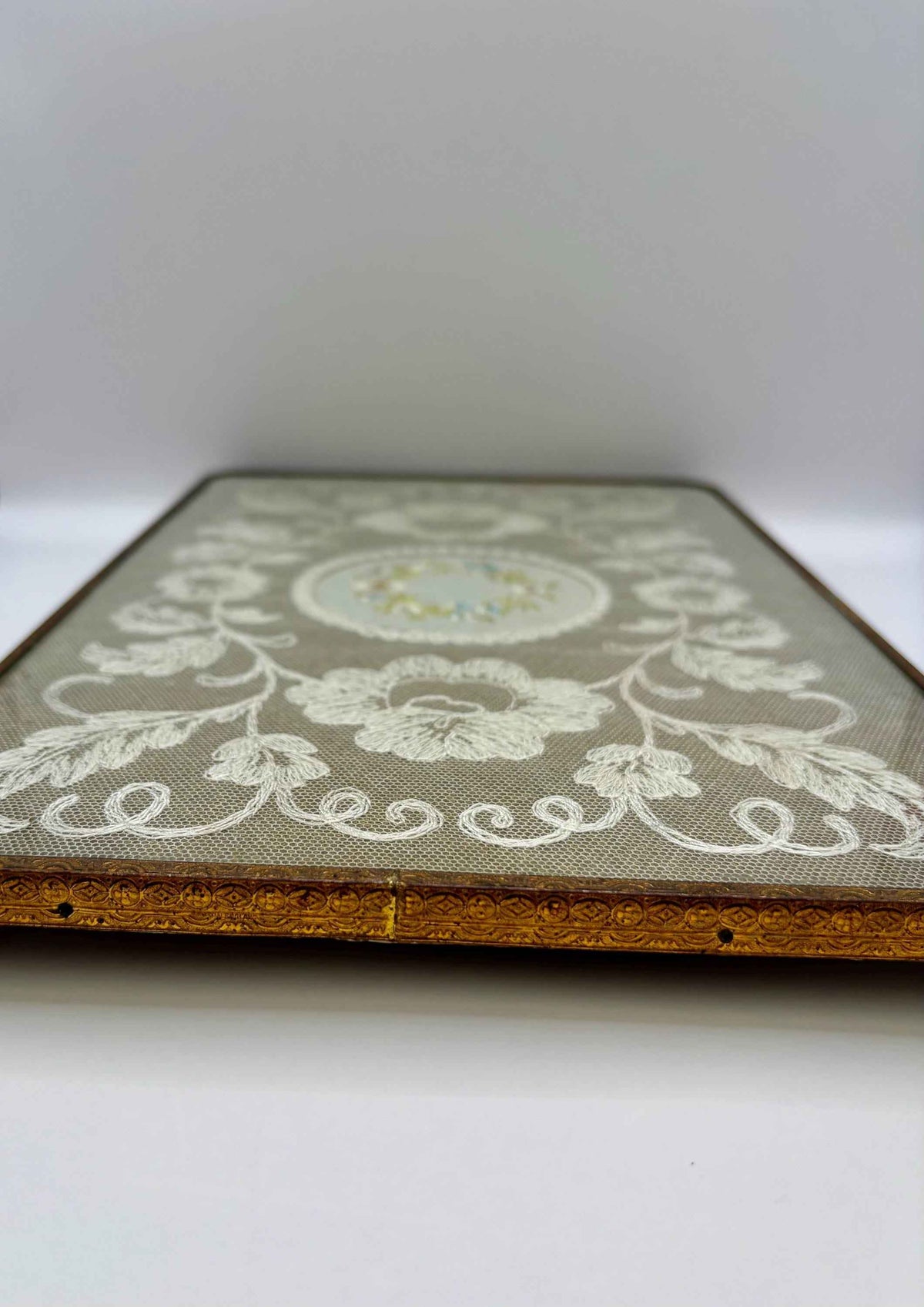 Vintage Brass And Glass Dressing Table Embroidered Tray