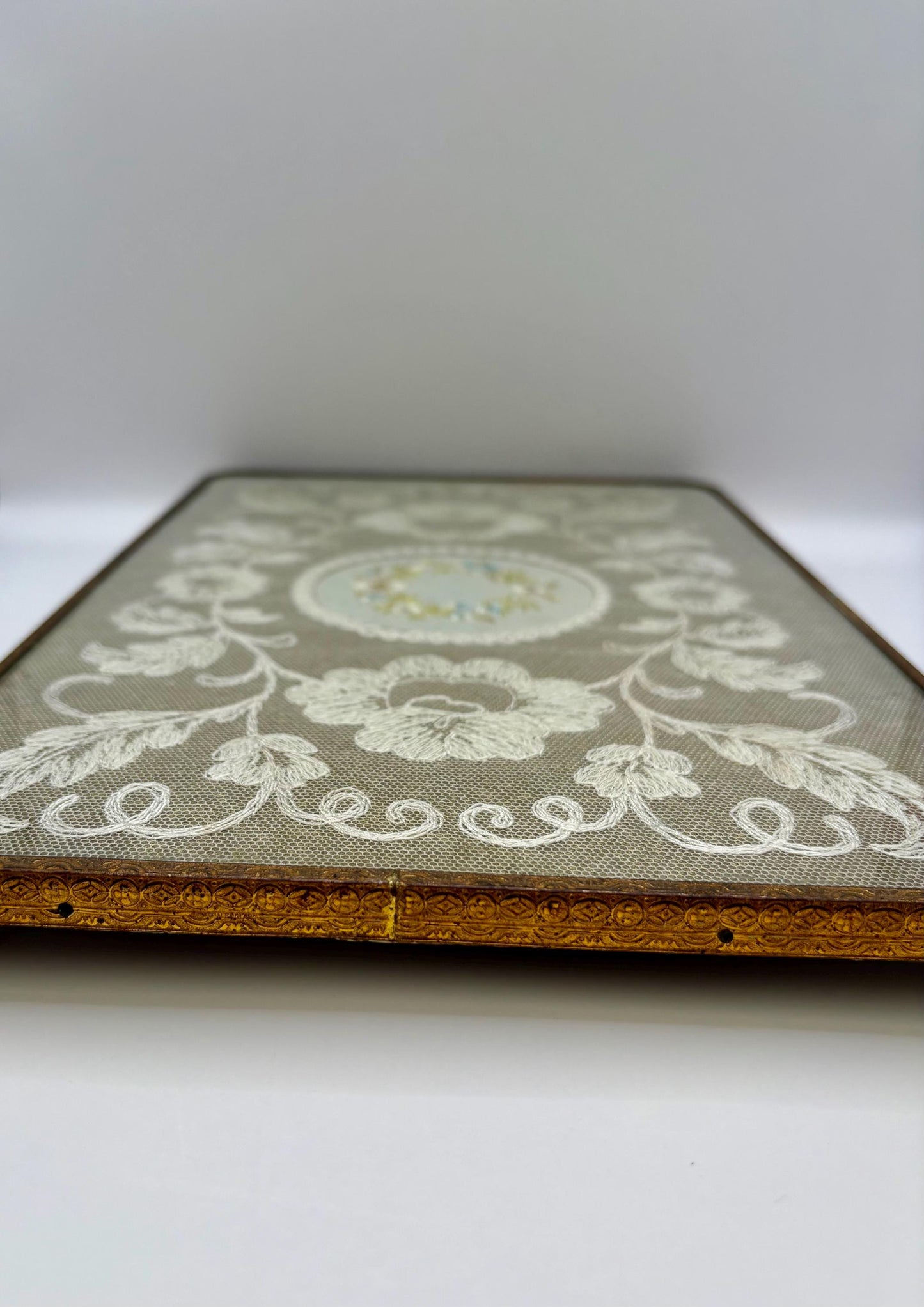 Vintage Brass And Glass Dressing Table Embroidered Tray3