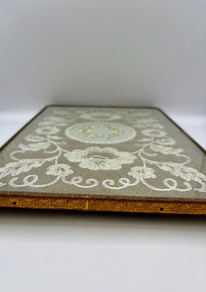 Vintage Brass And Glass Dressing Table Embroidered Tray3