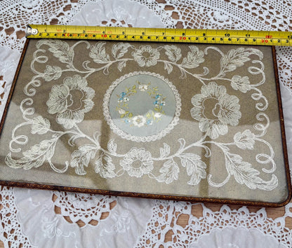 Vintage Brass And Glass Dressing Table Embroidered Tray5