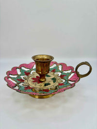Vintage Brass Candle Holder Enamel Painted With Flower Design 1980s