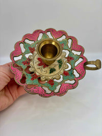 Vintage Brass Candle Holder Enamel Painted With Flower Design 1980s