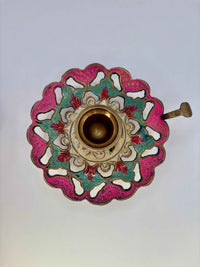 Vintage Brass Candle Holder Enamel Painted With Flower Design 1980s