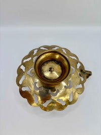 Vintage Brass Candle Holder Enamel Painted With Flower Design 1980s