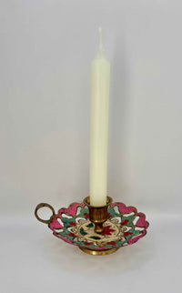 Vintage Brass Candle Holder Enamel Painted With Flower Design 1980s