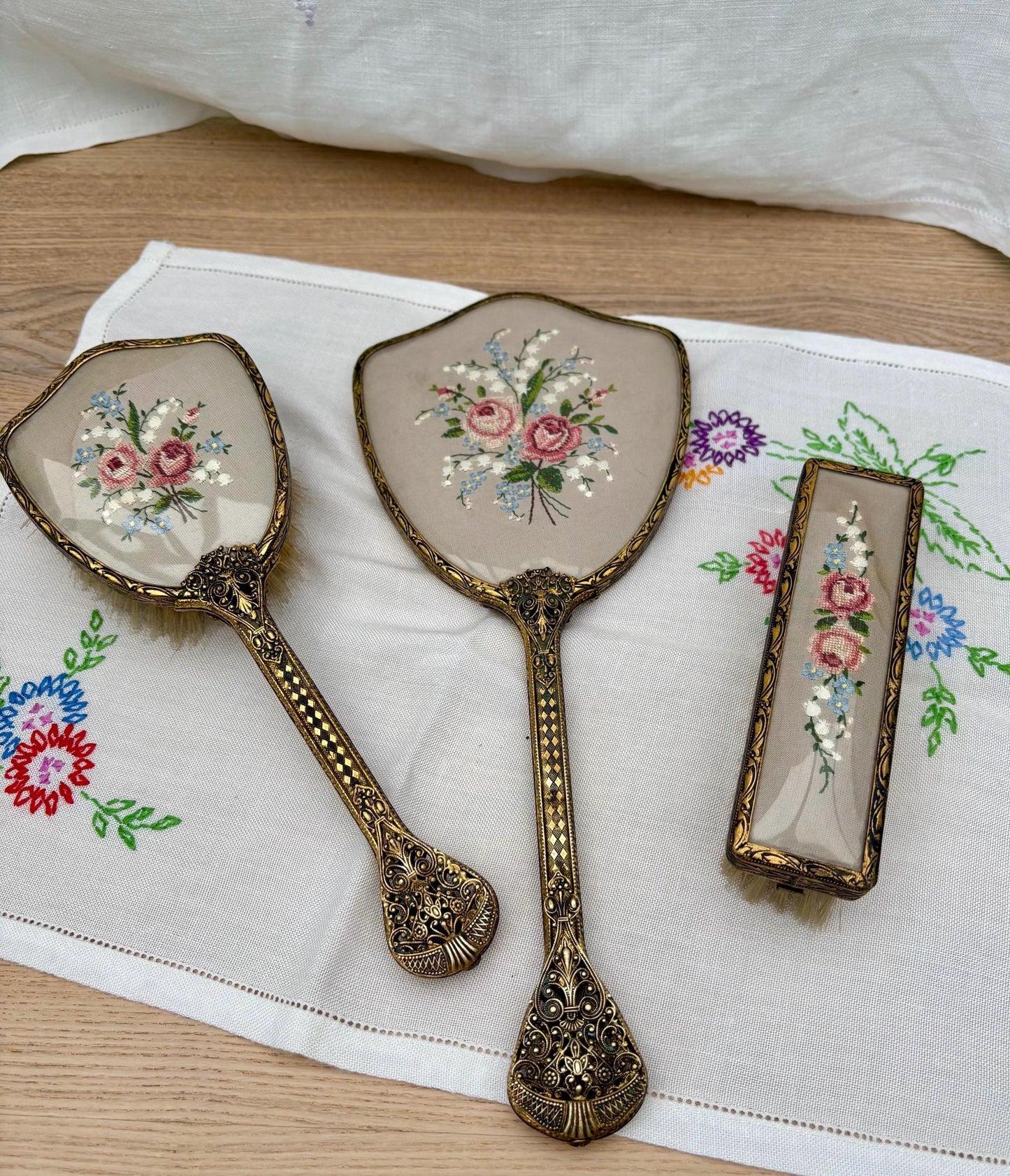 Vintage Set Of Vanity Items With Embroidered Backs1