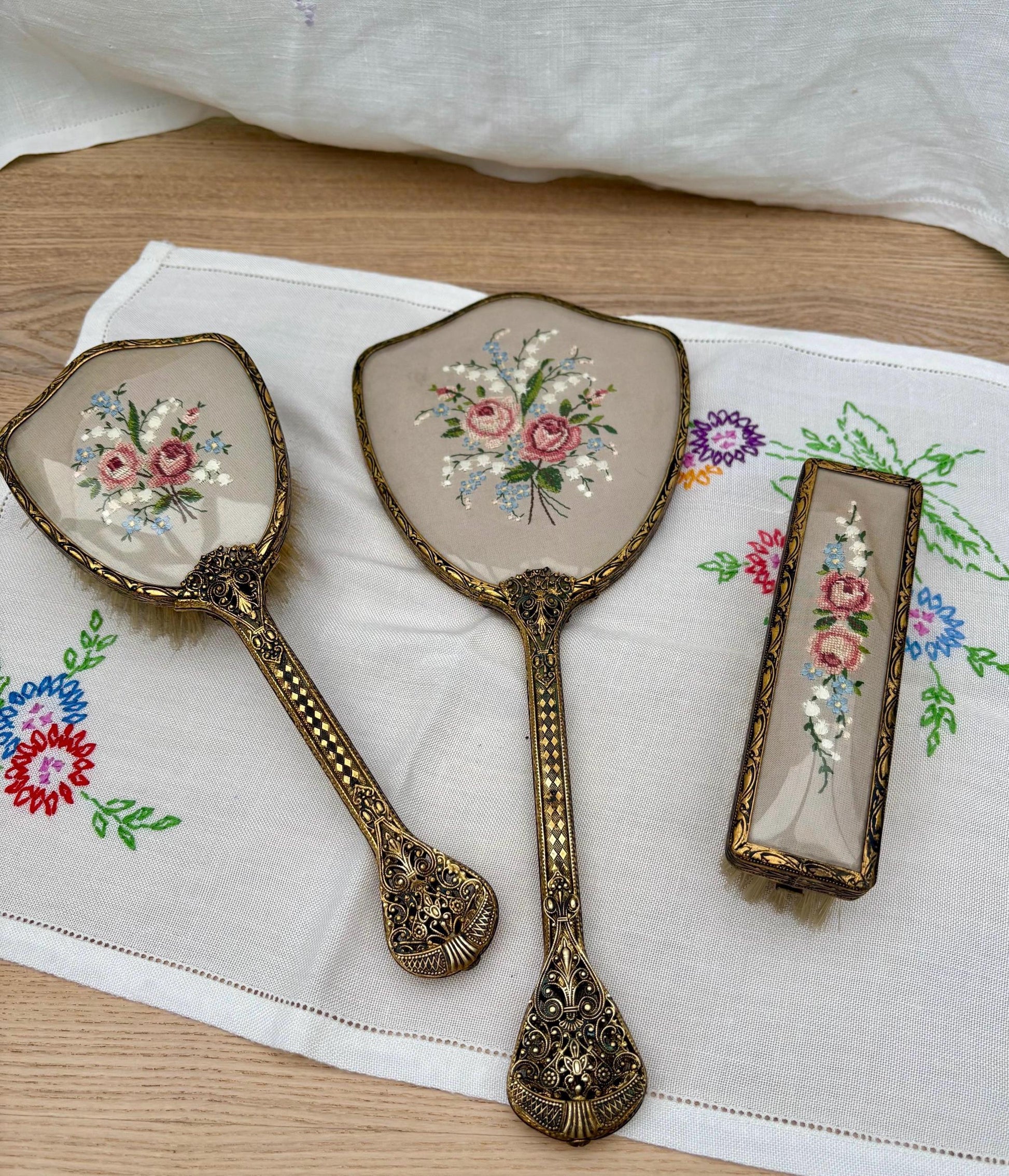 Vintage Set Of Vanity Items With Embroidered Backs1