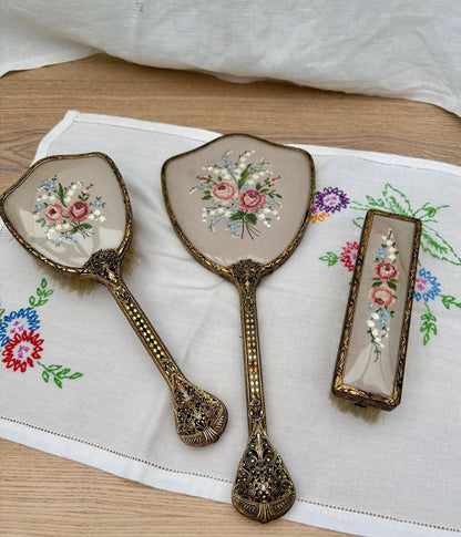 Vintage Set Of Vanity Items With Embroidered Backs1