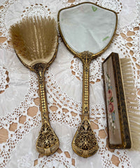 Vintage Set Of Vanity Items With Embroidered Backs