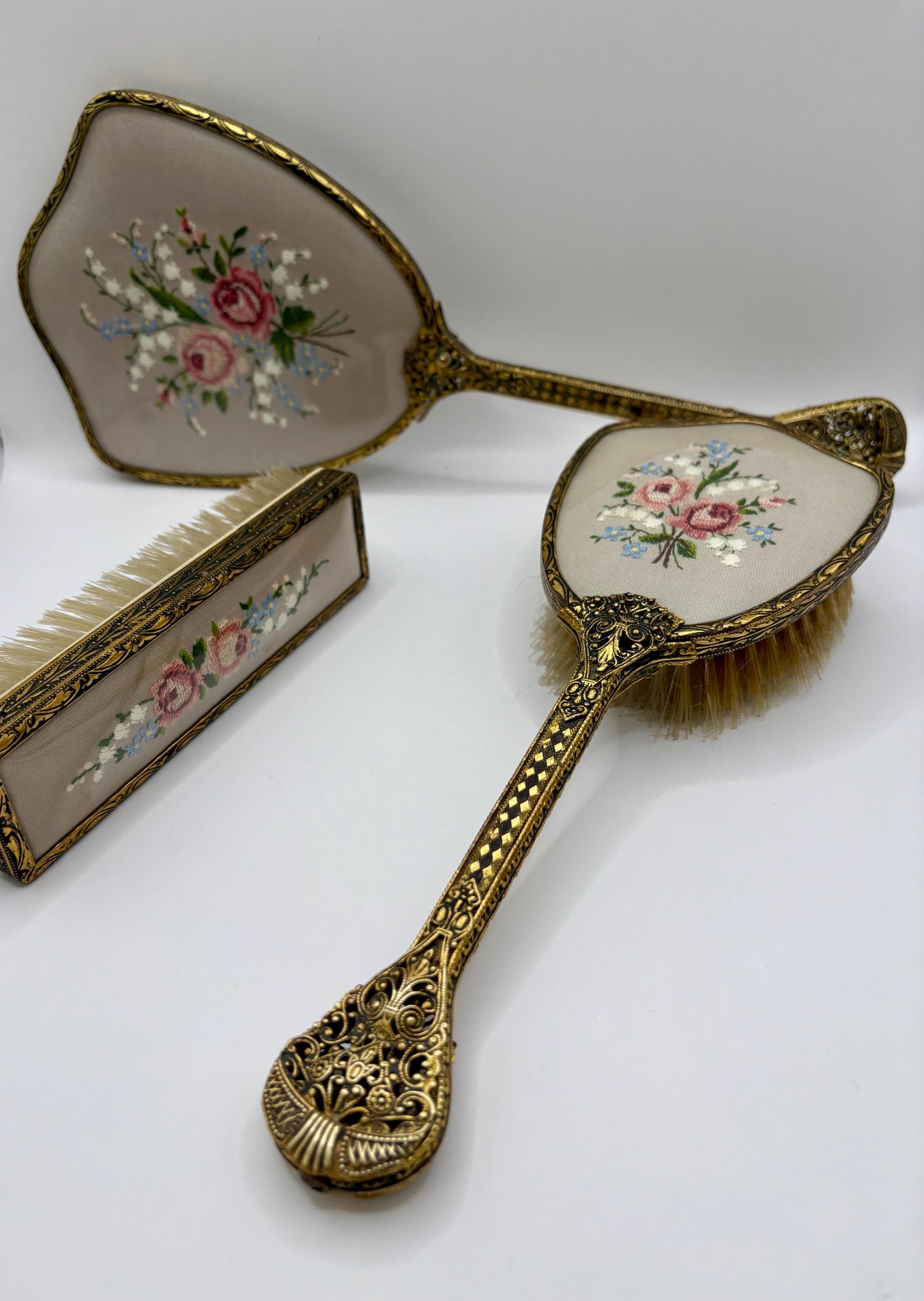 Vintage Set Of Vanity Items With Embroidered Backs3