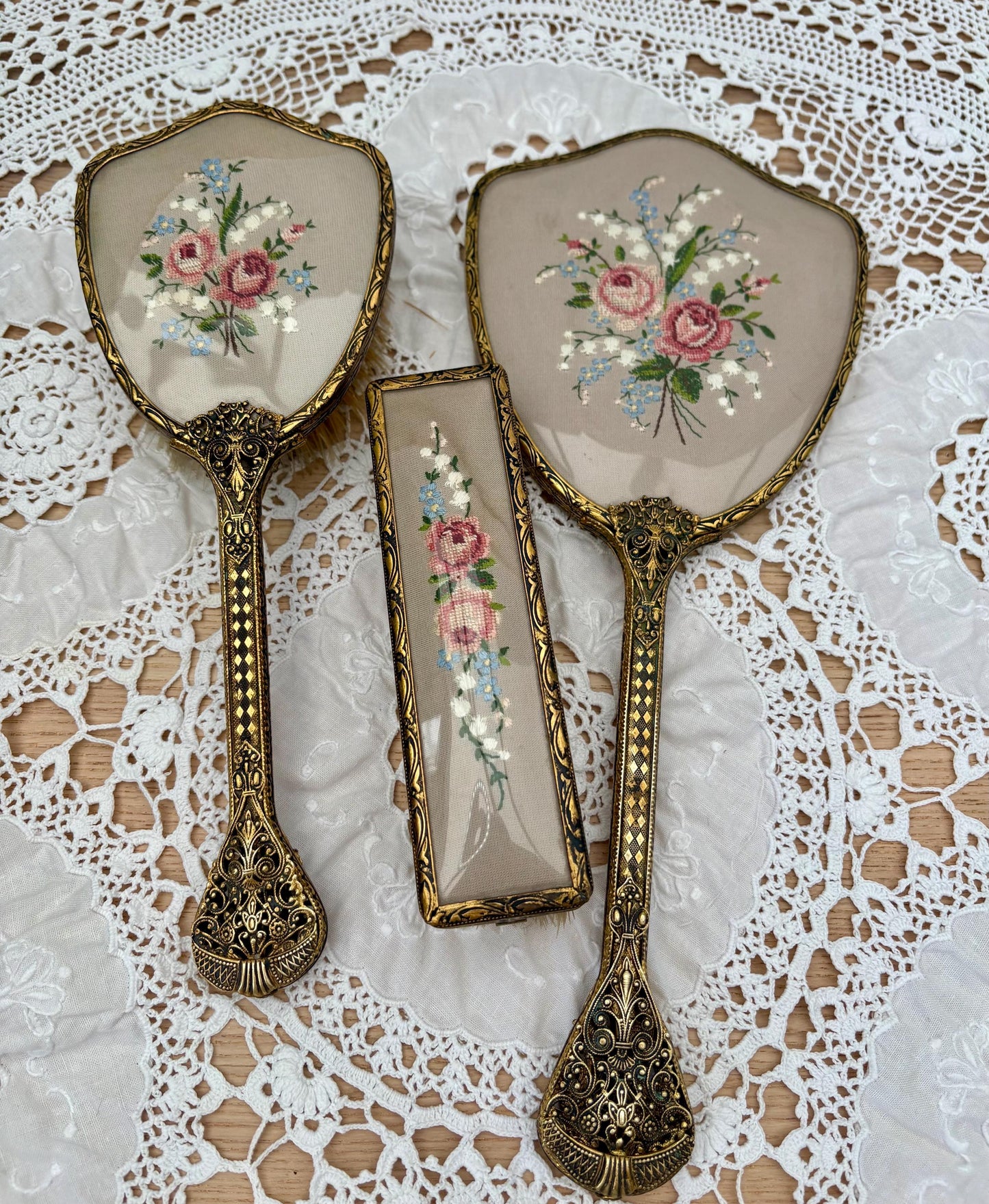 Vintage Set Of Vanity Items With Embroidered Backs4