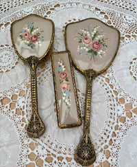 Vintage Set Of Vanity Items With Embroidered Backs