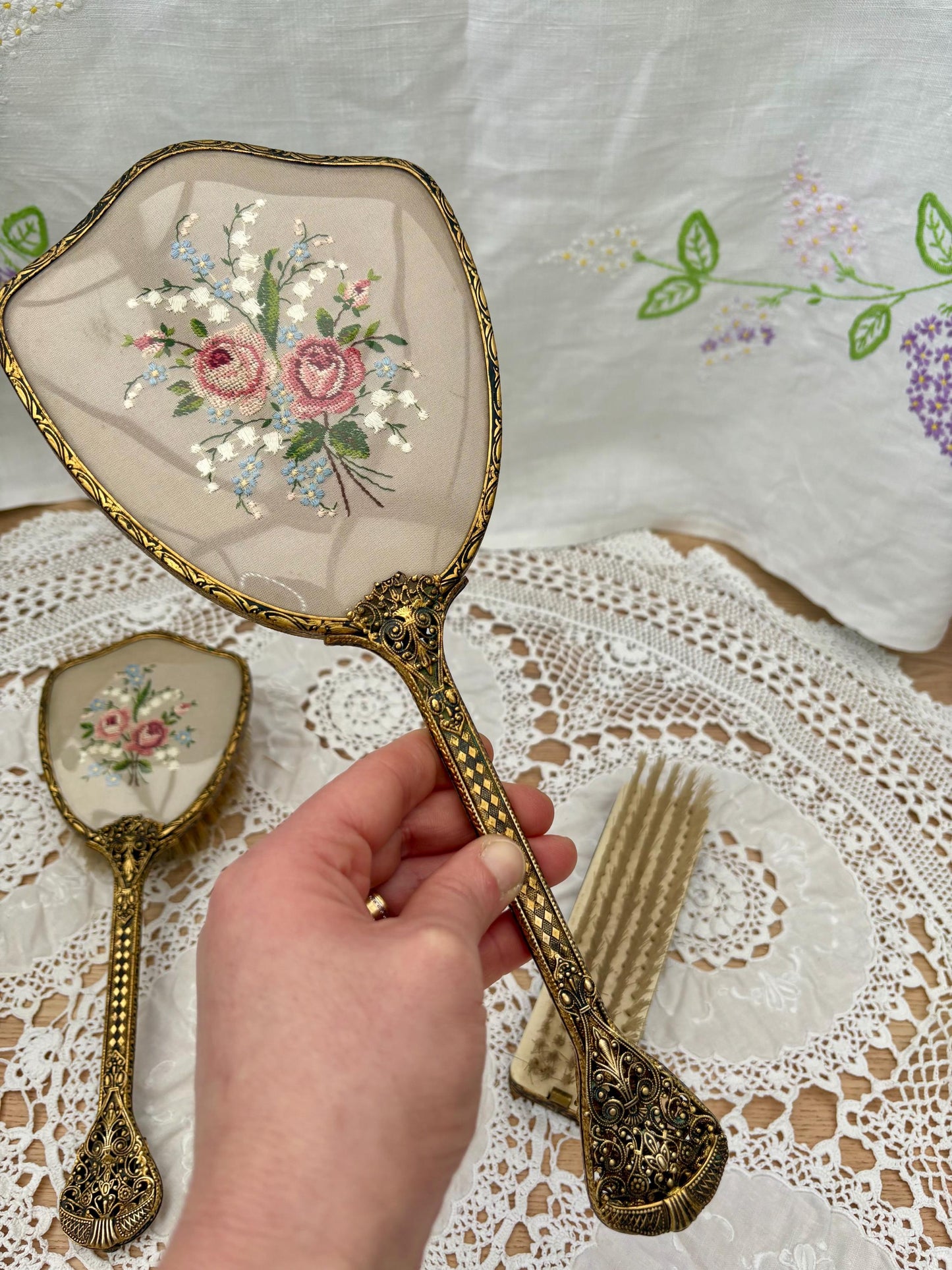 Vintage Set Of Vanity Items With Embroidered Backs5