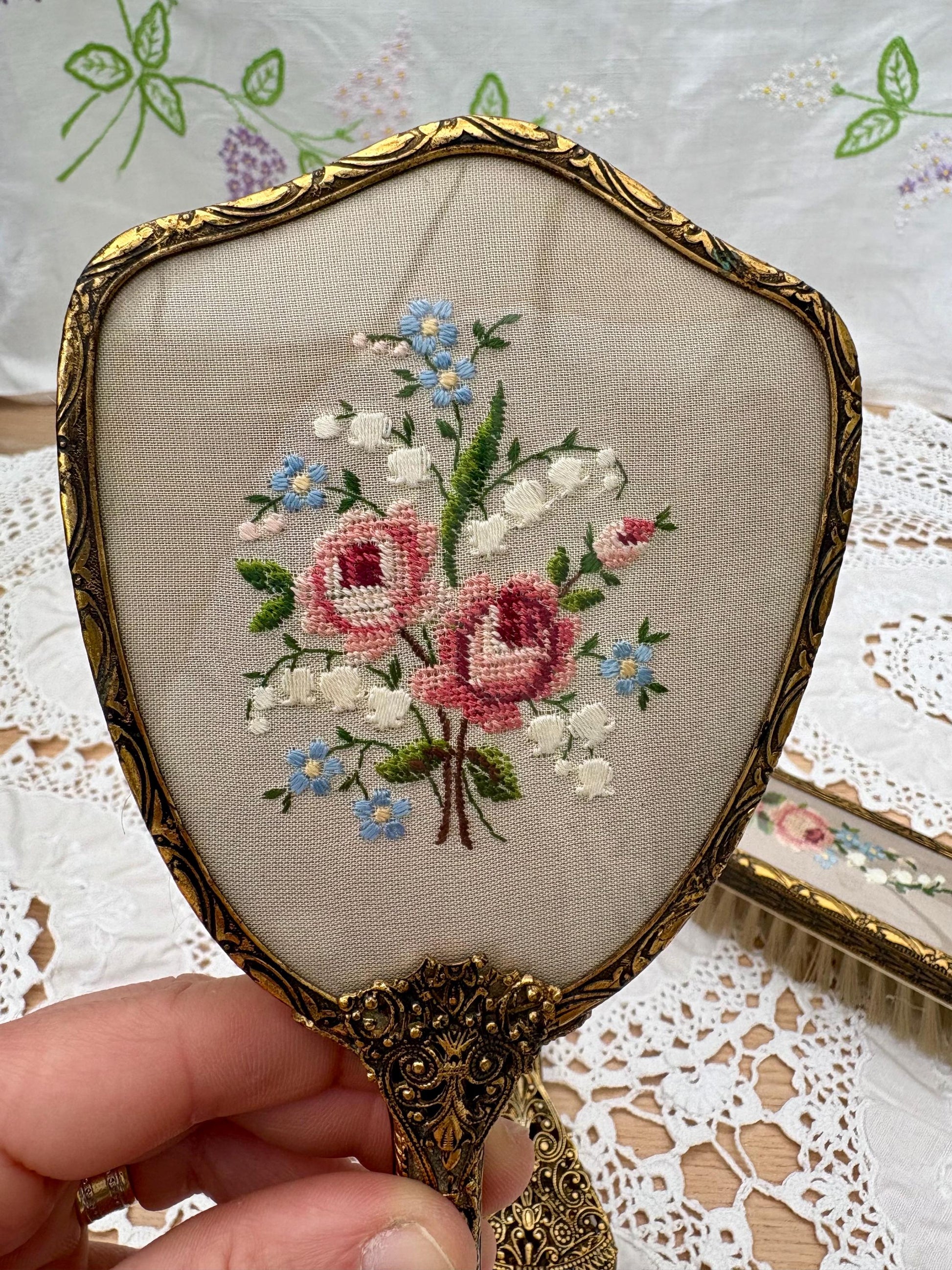 Vintage Set Of Vanity Items With Embroidered Backs6
