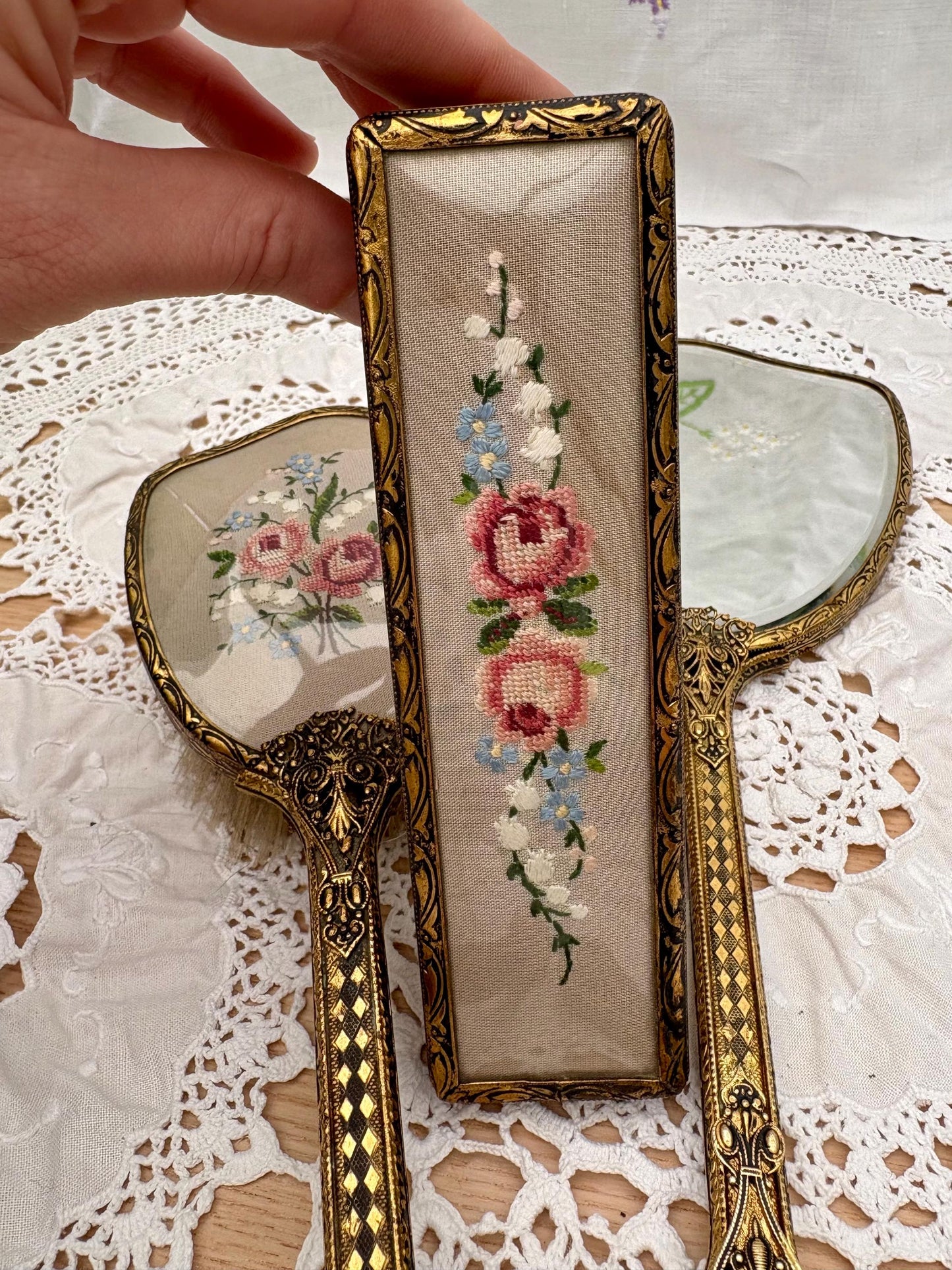 Vintage Set Of Vanity Items With Embroidered Backs7