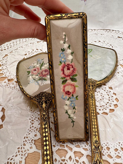 Vintage Set Of Vanity Items With Embroidered Backs7
