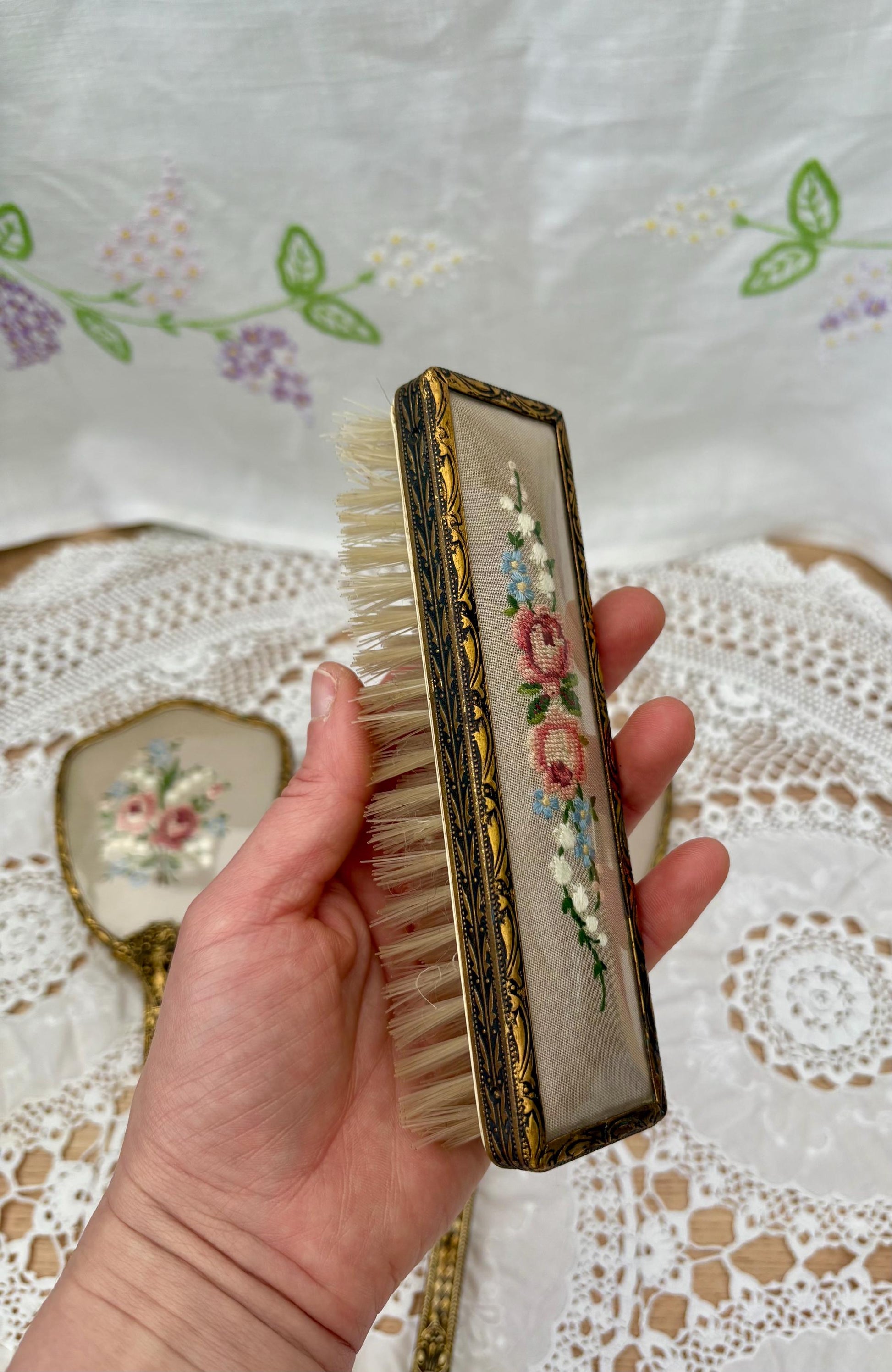 Vintage Set Of Vanity Items With Embroidered Backs8