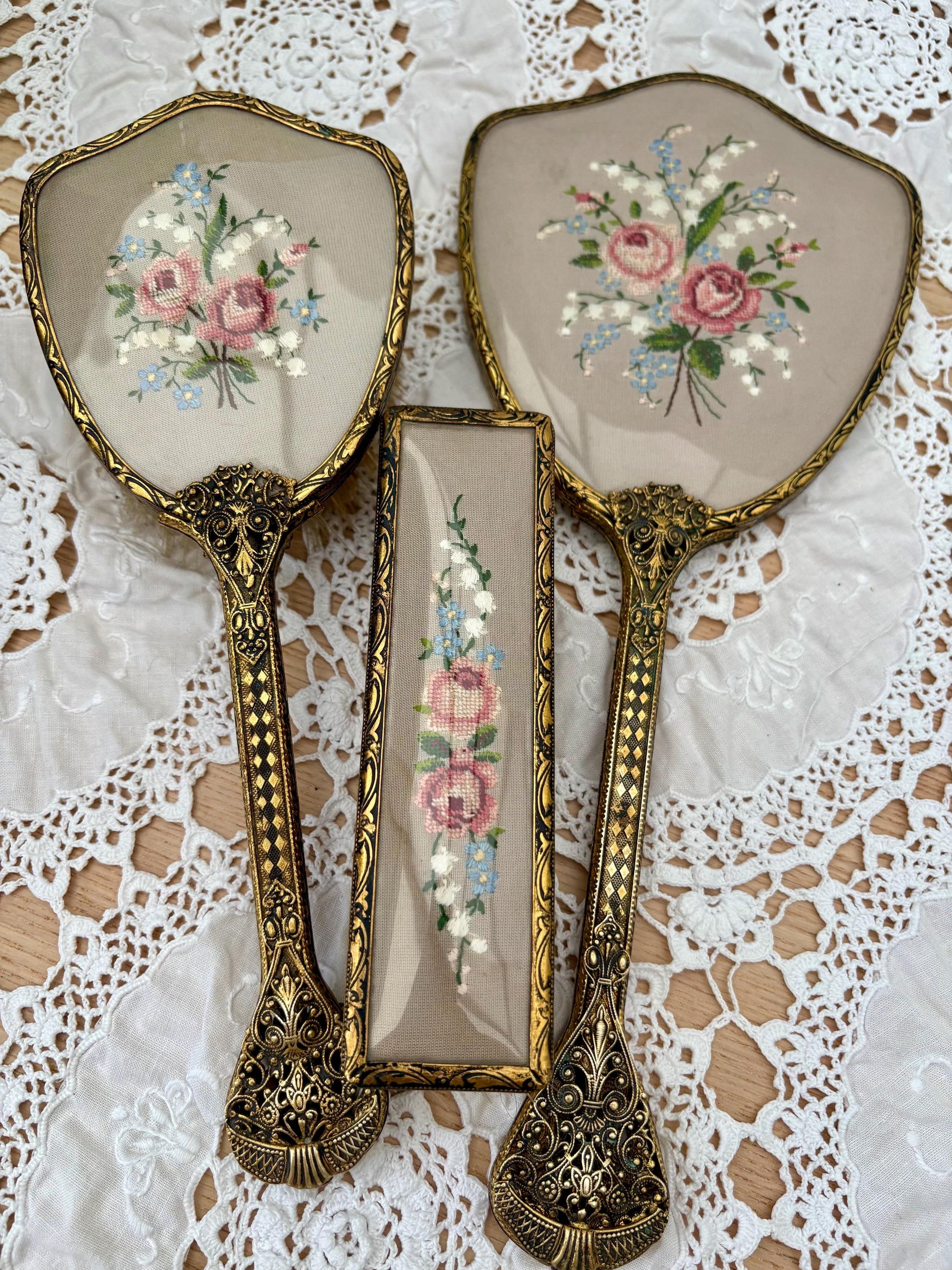 Vintage Set Of Vanity Items With Embroidered Backs9