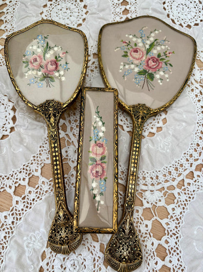 Vintage Set Of Vanity Items With Embroidered Backs9