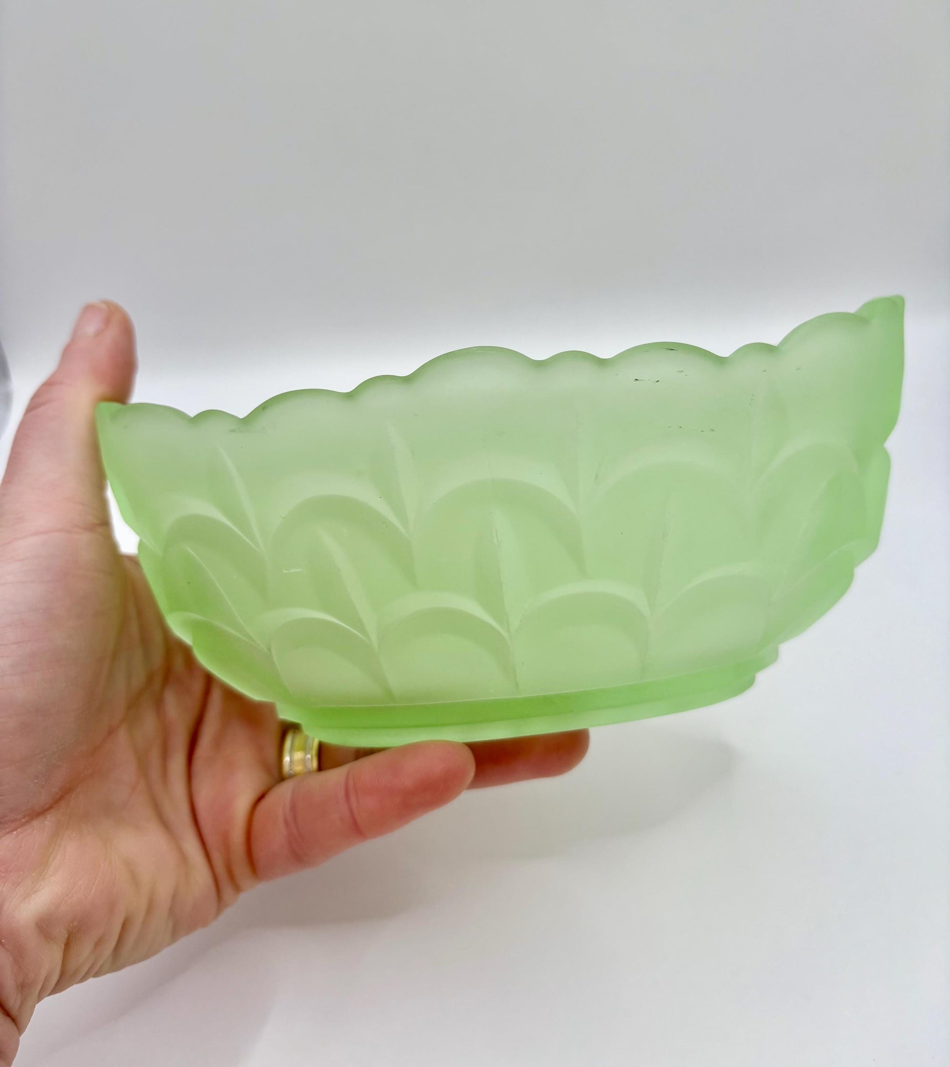 Vintage Uranium Oval bowl | Green Frosted Glass1