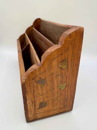 Vintage Wooden Letter Rack Brass Inlay Leaf Letter Stationery Paper