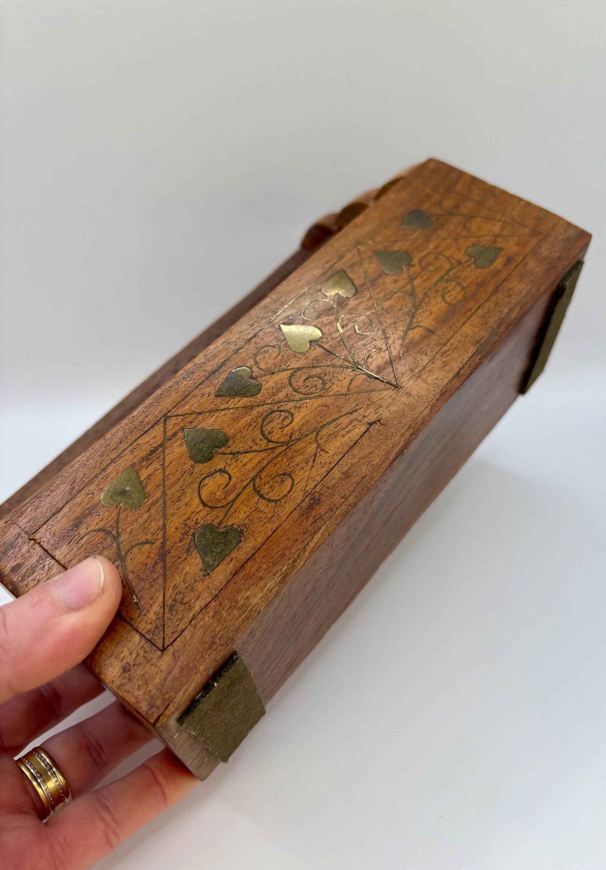 Vintage Wooden Letter Rack Brass Inlay Leaf Letter Stationery Paper