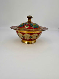 Vintage brass bowl with lid enamel floral painted