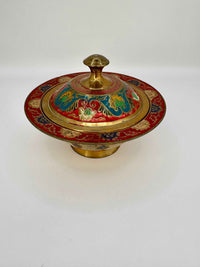Vintage brass bowl with lid enamel floral painted