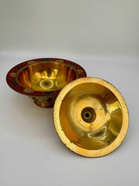 Vintage brass bowl with lid enamel floral painted