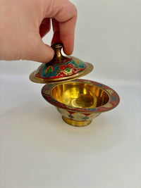 Vintage brass bowl with lid enamel floral painted