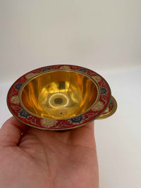 Vintage brass bowl with lid enamel floral painted