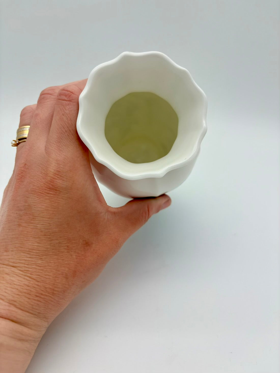 Hand holding a white ceramic bowl against a plain background