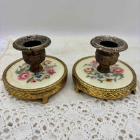 Vintage Pair of embroidered brass candle holders | Regent of London