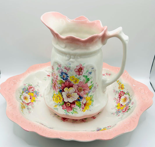 Vintage Set Of Pitcher And Bowl With Pink Flowers - English Porcelain By Old Foley James Kent - Staffordshire England