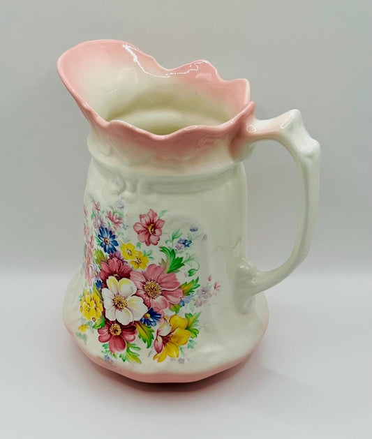 Vintage Set Of Pitcher And Bowl With Pink Flowers - English Porcelain By Old Foley James Kent - Staffordshire England