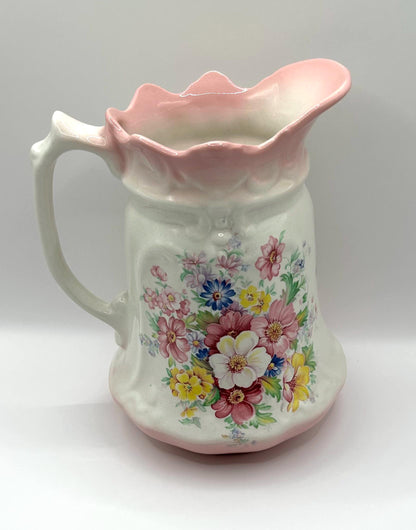 Vintage Set Of Pitcher And Bowl With Pink Flowers - English Porcelain By Old Foley James Kent - Staffordshire England