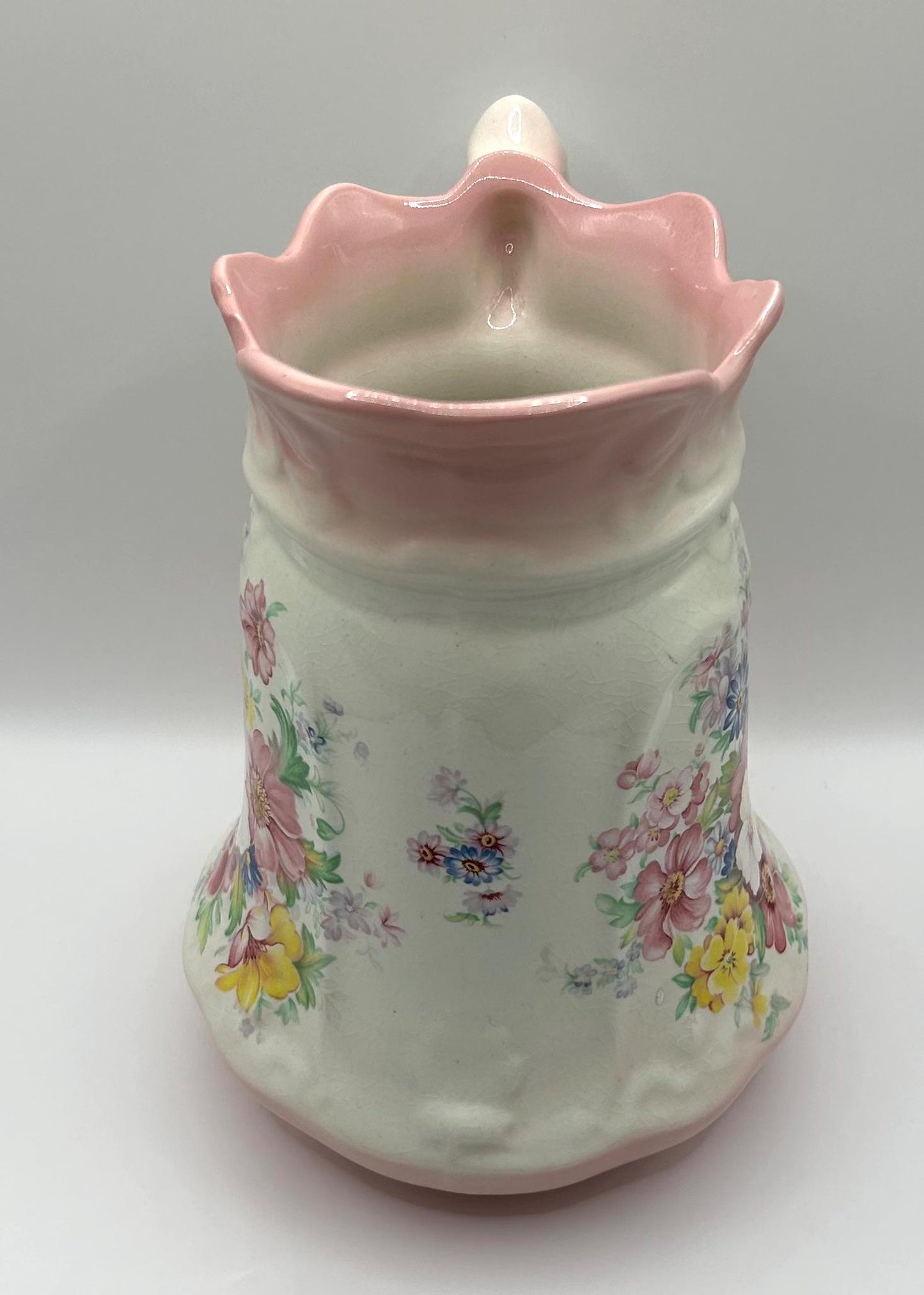 Vintage Set Of Pitcher And Bowl With Pink Flowers - English Porcelain By Old Foley James Kent - Staffordshire England