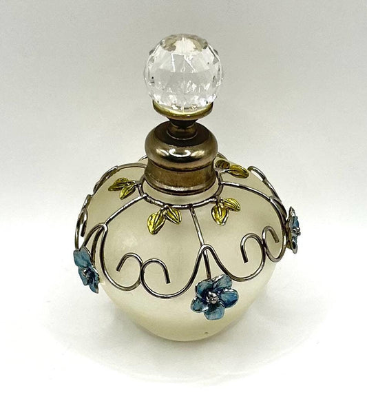 Perfume Bottle Made From Frosted Glass with Chrome Wire Green Leaves And Blue Flowers