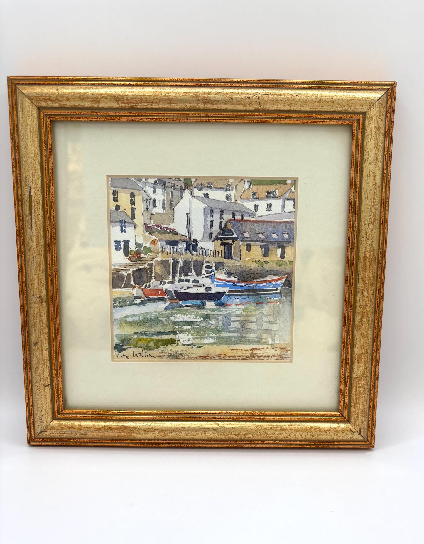 Vintage Watercolour Painting With Cityscape Background, Water And Boats Virginia Walton