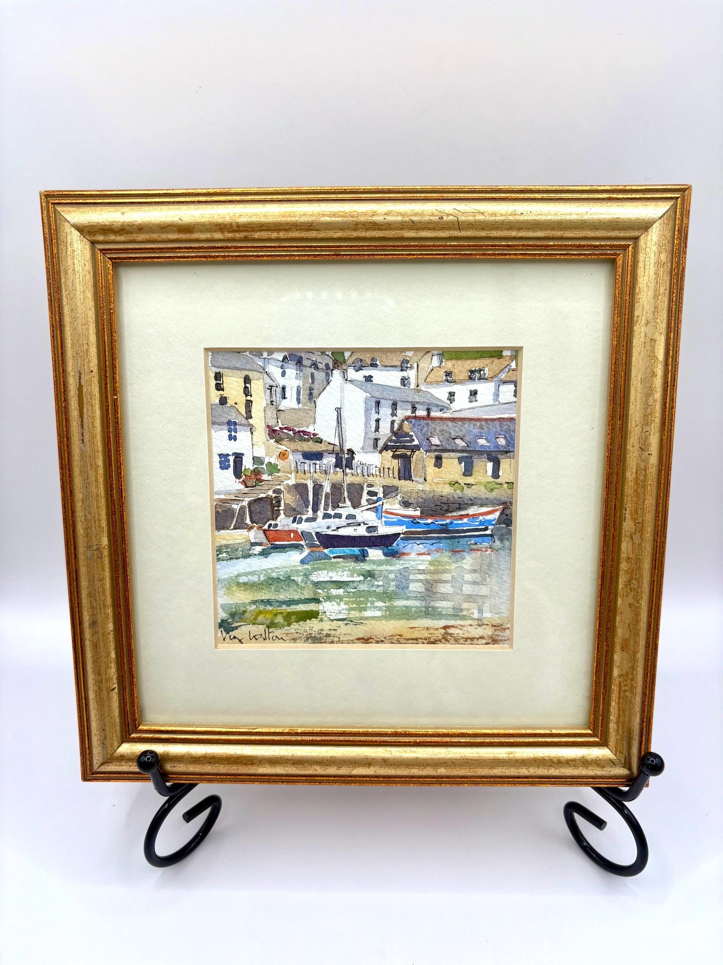 Vintage Watercolour Painting With Cityscape Background, Water And Boats Virginia Walton